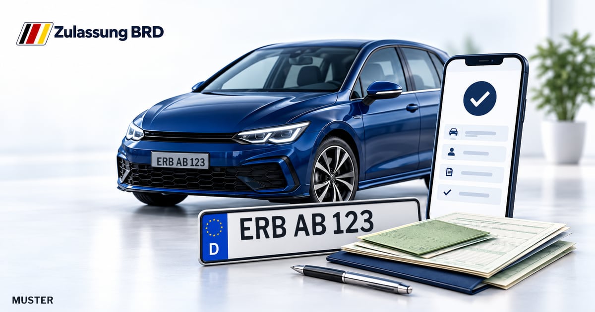 Online Fahrzeugzulassung in Höchst i. Odw.: Musterkennzeichen ERB AB 123, Auto und Fahrzeugpapiere und Smartphone. Illustration mit Logo von Zulassung BRD.